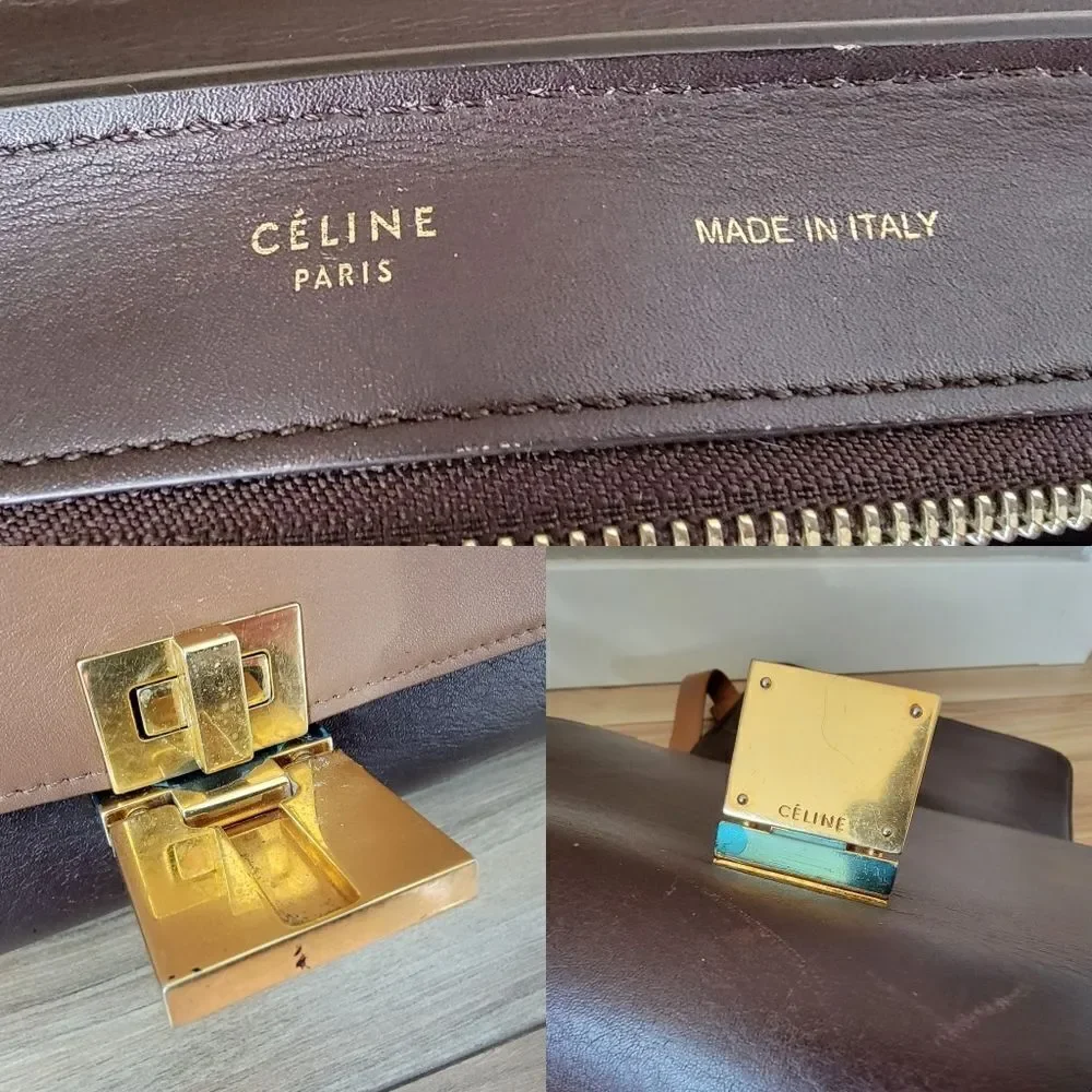 Celene Tricolor Medium Trapeze Luggage Satchel in Cognac Brown Tan